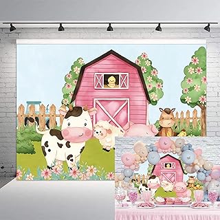 10x8ft Cartoon Farm Animals Party Backdrop Pink Barn Girl Baby Shower Birthday Photography Background Farmland Animals Cows Pigs Barnyard Backdrop Banner Cake Table Decoration Photo Booth Props