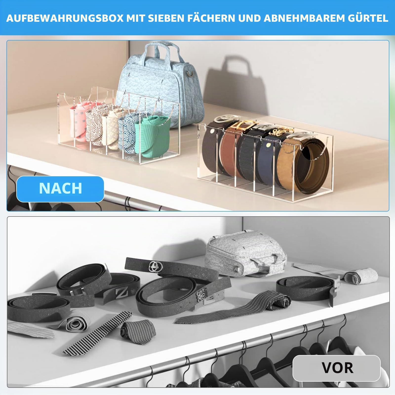 Gürtel Aufbewahrung, 5 Fächer Acryl Gürtel Organizer, Transparente Vitrine | Gürtelhalter für Herren, Transparente Box für Accessoires, Krawatten, Uhren, Schmuck, Schrank, Schublade und Display