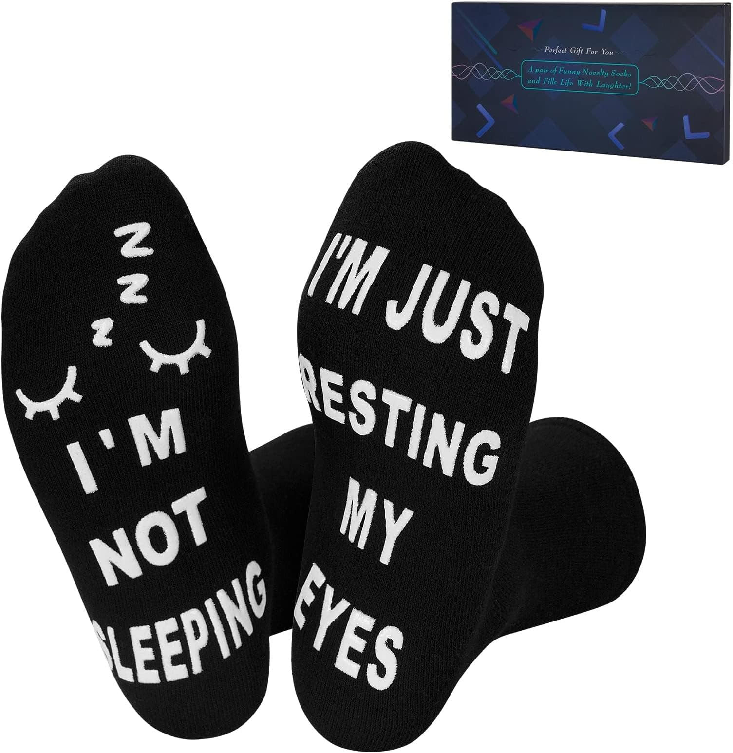 Funny Slogan Socks "I'm Not Sleeping I'm Just Resting My Eyes", Unisex Black Socks, Novelty Birthday Gift for Men Women（Black）