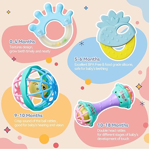 Miniatura 4 de 15 sonajeros para bebés de 0 a 6 meses, sonajeros de bebé sin BPA de 0 a 3, 6 a 12 meses para recién nacidos, juguetes suaves de dentición, juguetes
