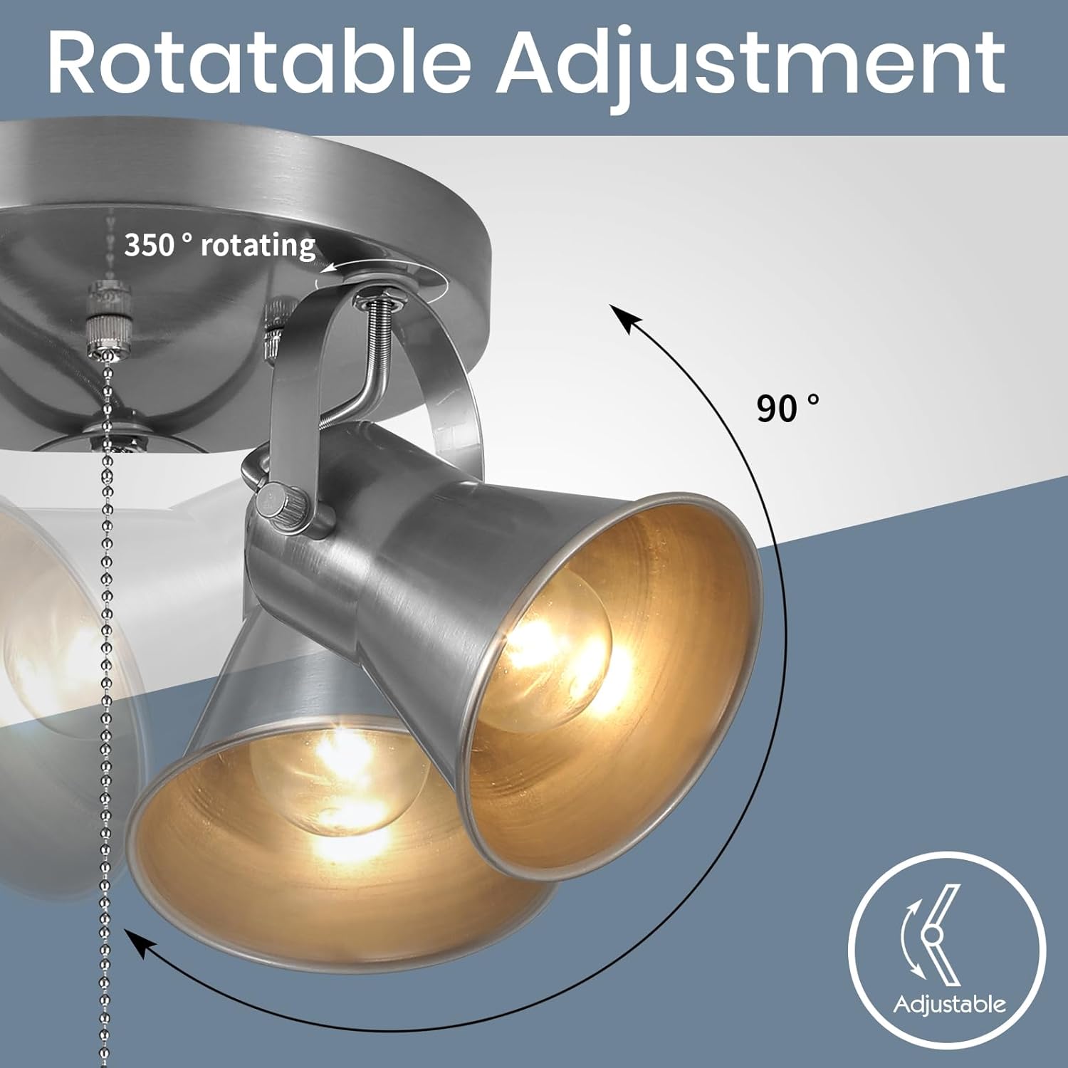 SEEBLEN 3-Light Ceiling Lights with Pull Chain, Adjustable Round Kitchen Ceiling Light, Morden Nickel Flush Mount Directional Track Light for Kitchen, Hallway, Dining Room, Bathroom, Coffee Bar