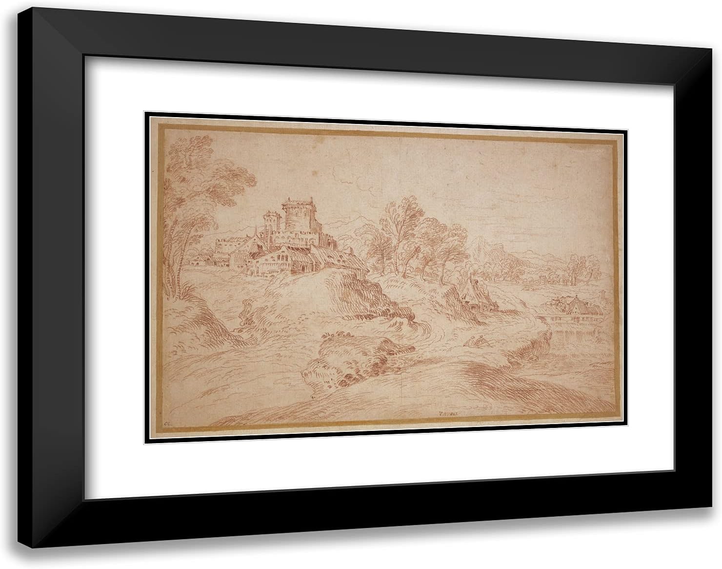 ArtDirect Jean Antoine Watteau 24x19 Black Modern Framed and Double Matted Art Print Titled Landscape with a Castle