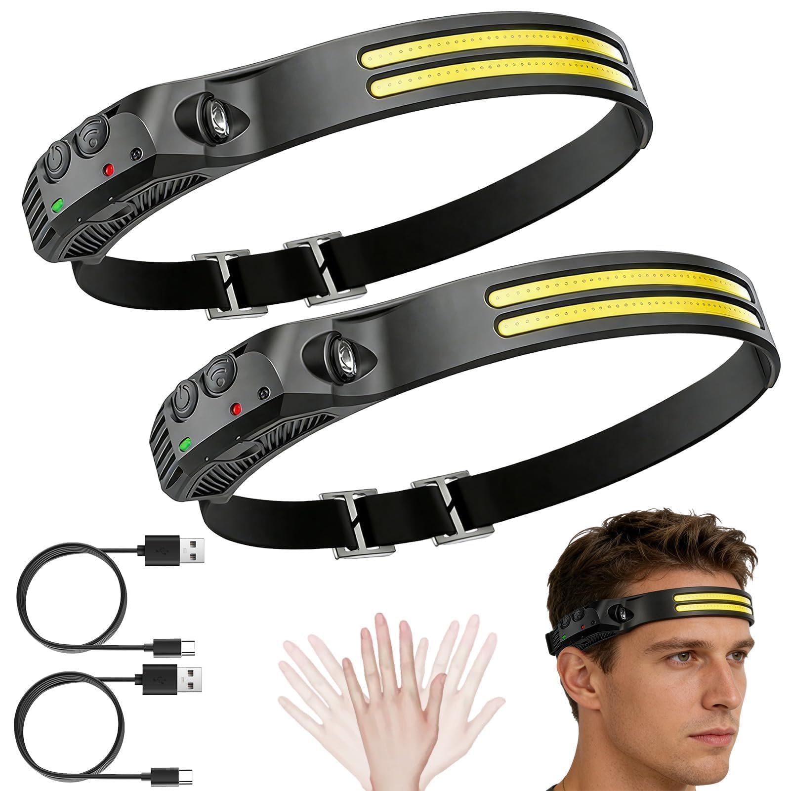 Head Torch Rechargeable, LED Headtorch 230° Wide Beam with Motion Sensor, 2 LED Strips, 4 Modes, Lightweight Waterproof USB C Head Lamp for Running, Camping, Hiking, Fishing, Dog Walking and Work