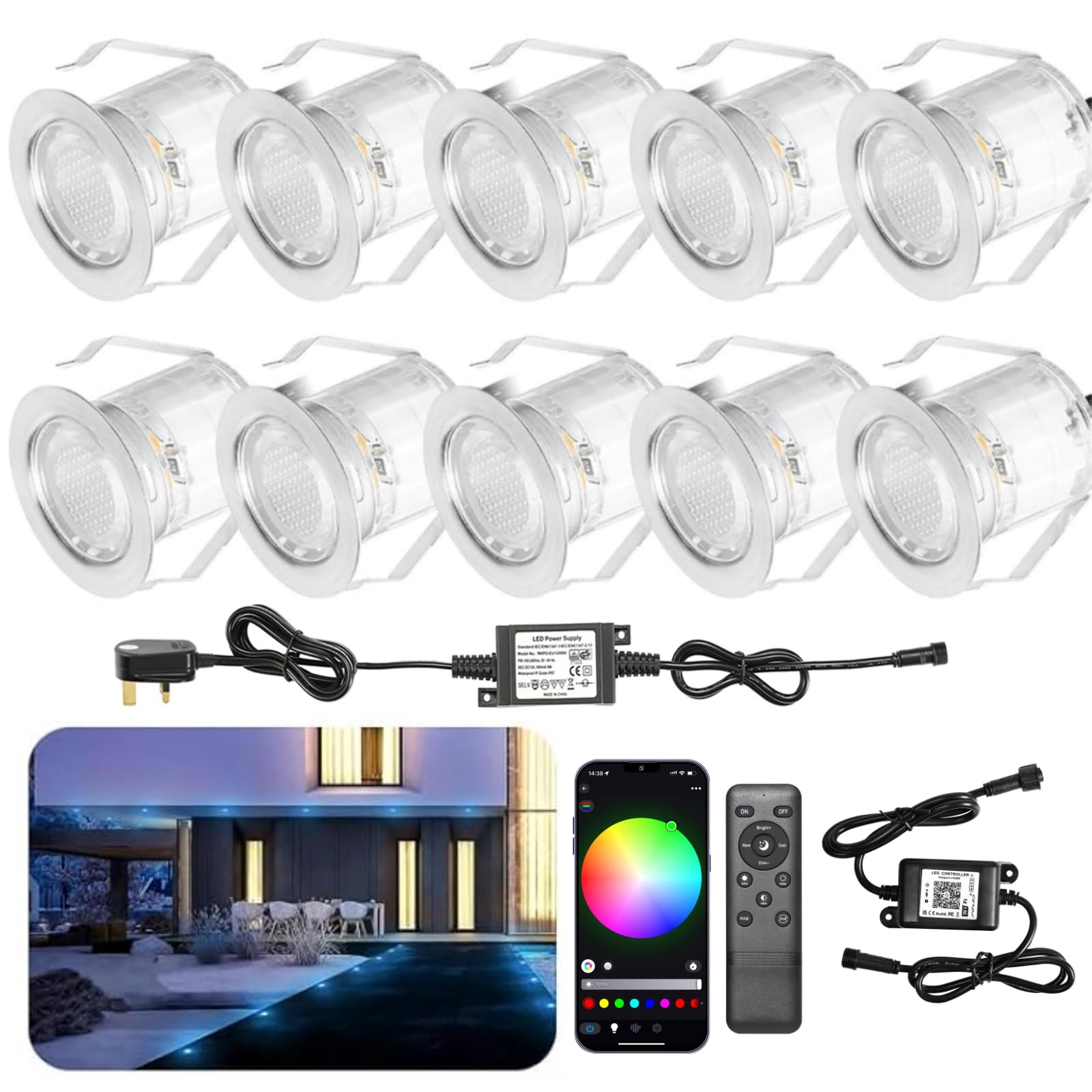 RGB WiFi Led Decking Lights Waterproof IP67 Ø30MM - Led Plinth Lights for Terrace/Patio/Path/Wall/Garden/Decoration, 10 Packs
