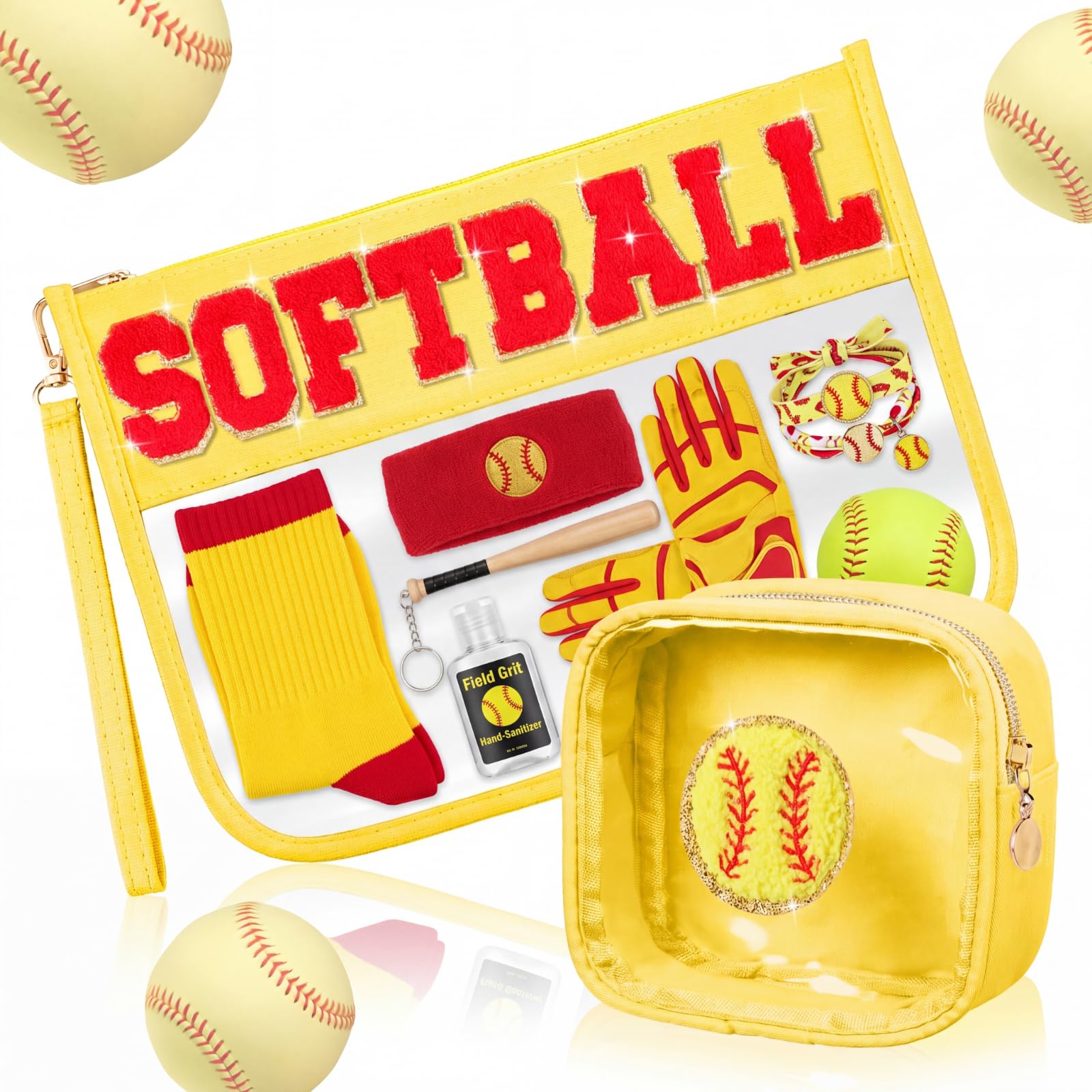 Hillban 2 Pcs Softball Gift Girl Snack Bag Softball Accessories for Women | Softball Makeup Cosmetic Bags with Travel Purse, Chenille Letter, Clear