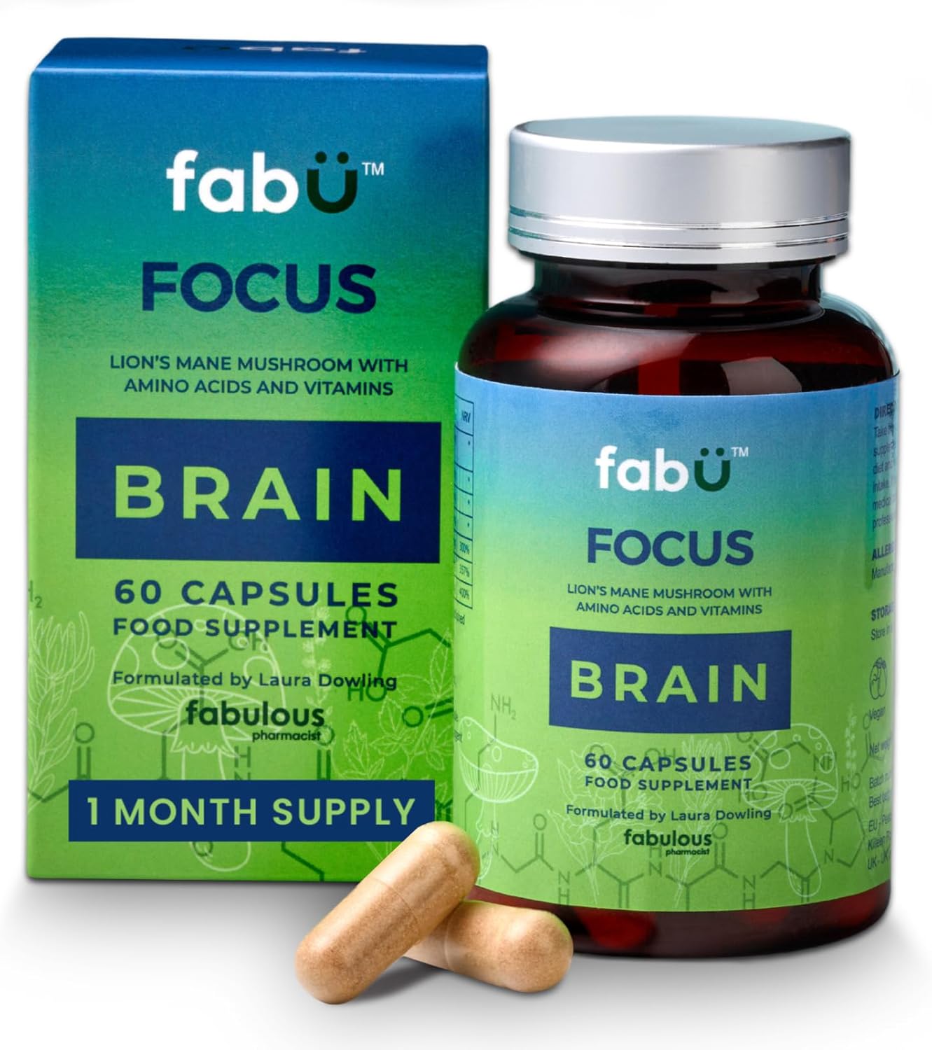 fabÜ Focus Brain Supplement with Lion’s Mane Mushroom & Nutrients – Performance Support with Amino Acids, Choline & B Vitamins – Nootropic for Concentration (60 Capsules)