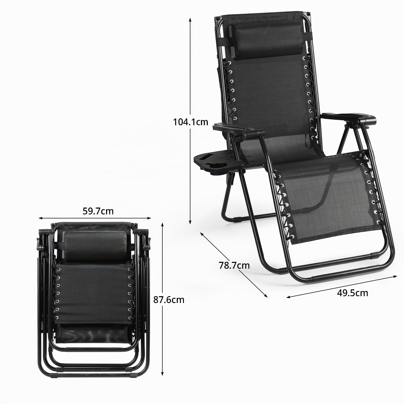 VOWNER Sedie da Giardino Pieghevoli, Set di 2 Poltrone Esterno, Nero | Poltrone pieghevoli da esterno con tettuccio parasole e porta bevande per piscina.