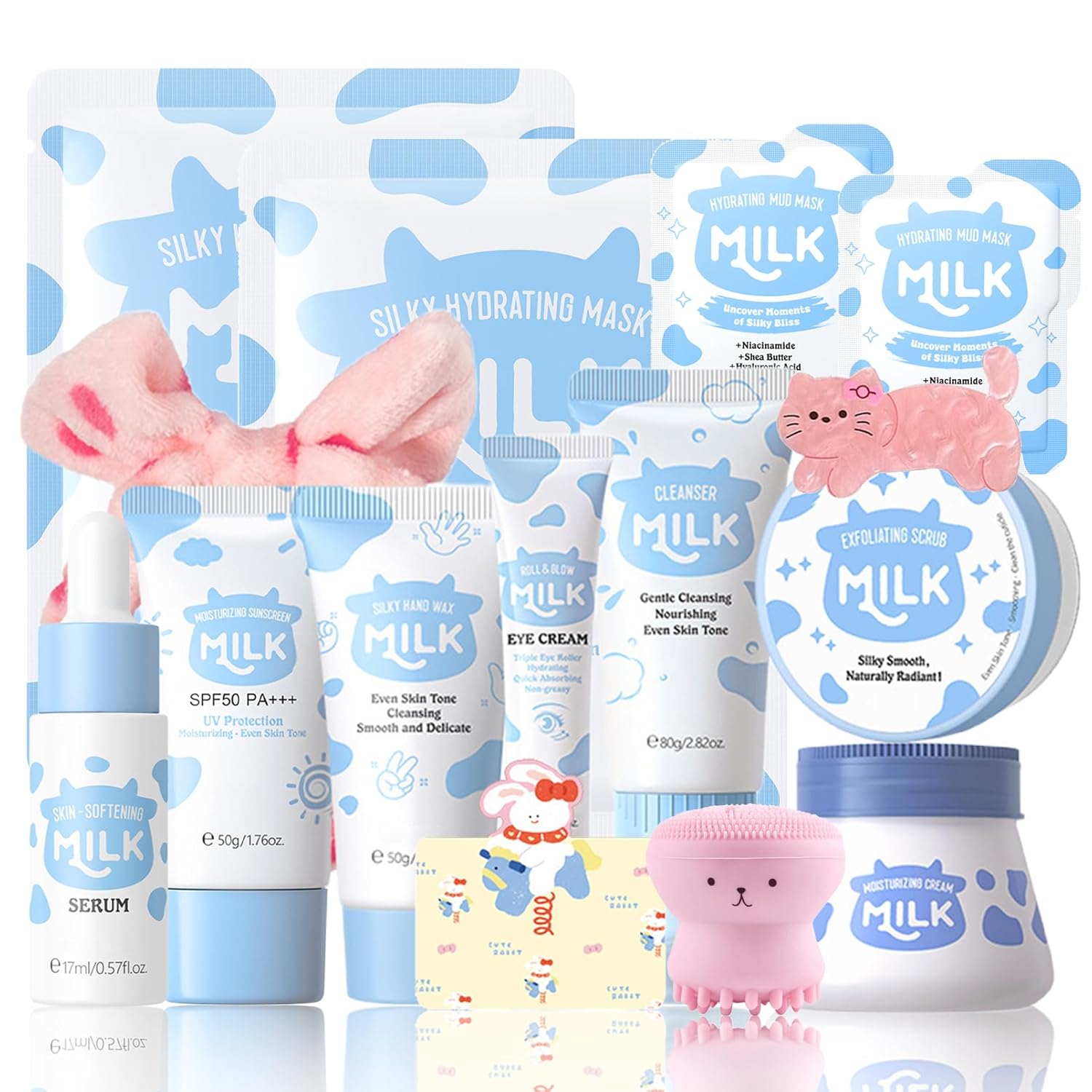 Milk Skincare Kit for Teens & Women, 15-Piece Travel Set with Face Mask & Moisturizer, Christmas Gifts for Teen Girls Age 8-12, Gentle Hydrating Routine for Smooth Skin, Cute Spa Gift Set for Tweens