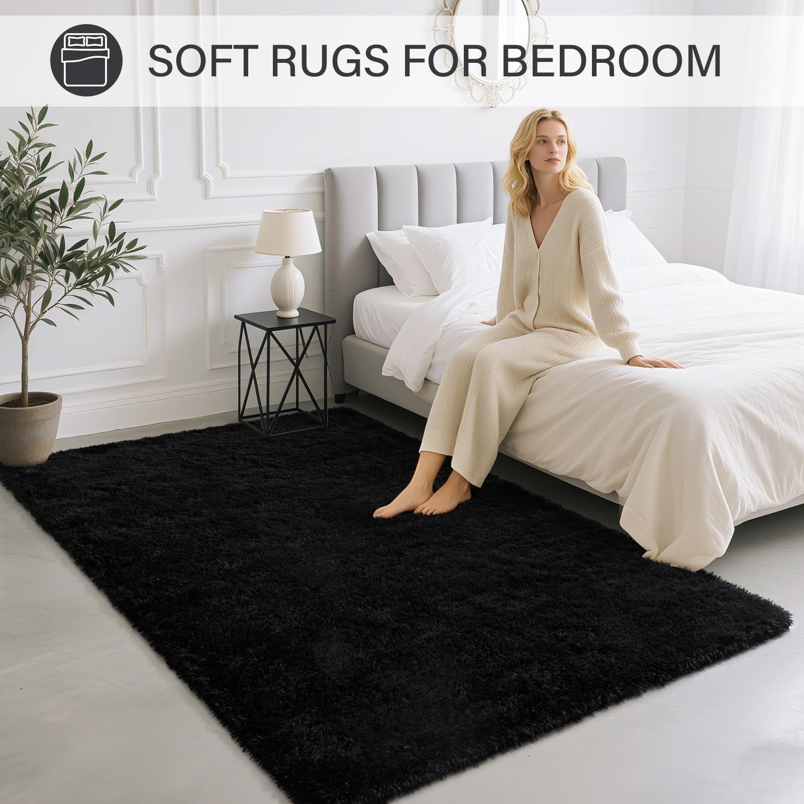 BENRON Alfombra negra de 4 x 6 pies, alfombra moderna y esponjosa para sala de estar, antideslizante, para habitación de niños, guardería, cocina, decoración del hogar