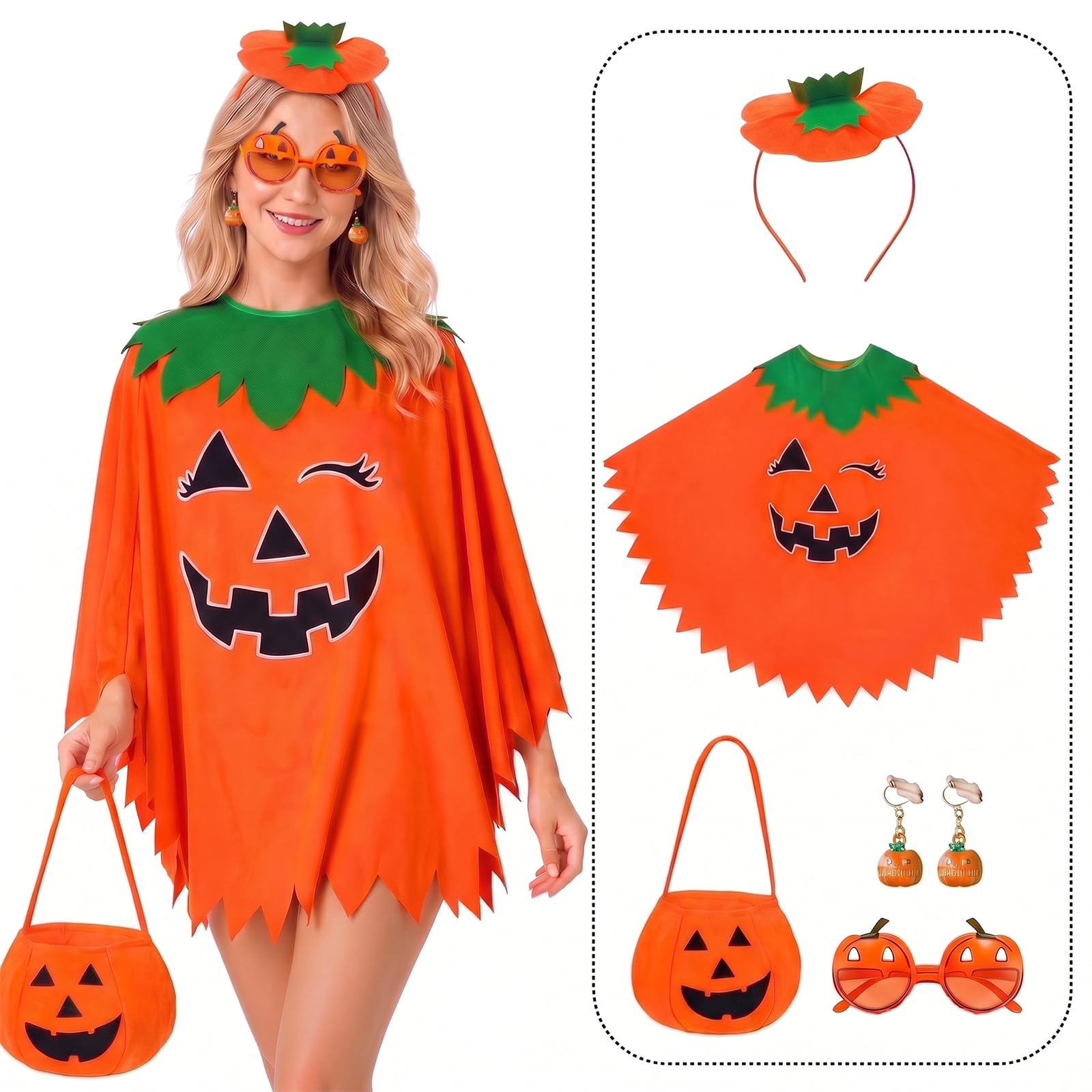 Kideerly Halloween Costumes Adult Women, Pumpkin Costume Set, Pumpkin Poncho Cape Glow In The Dark With Earings, Glasses, Headband, Bag for Halloween Fancy Dress Themed Party, Cosplay & Festive