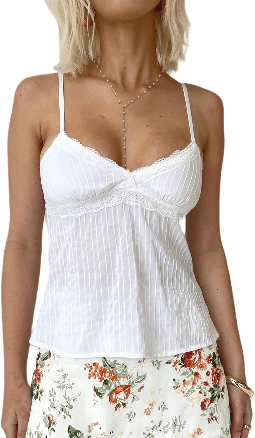 Women Cami Tops Sleeveless Sexy V Neck Spaghetti Strap Backless Lace Trim Top Vest Casual Going Out Y2k Tank Top