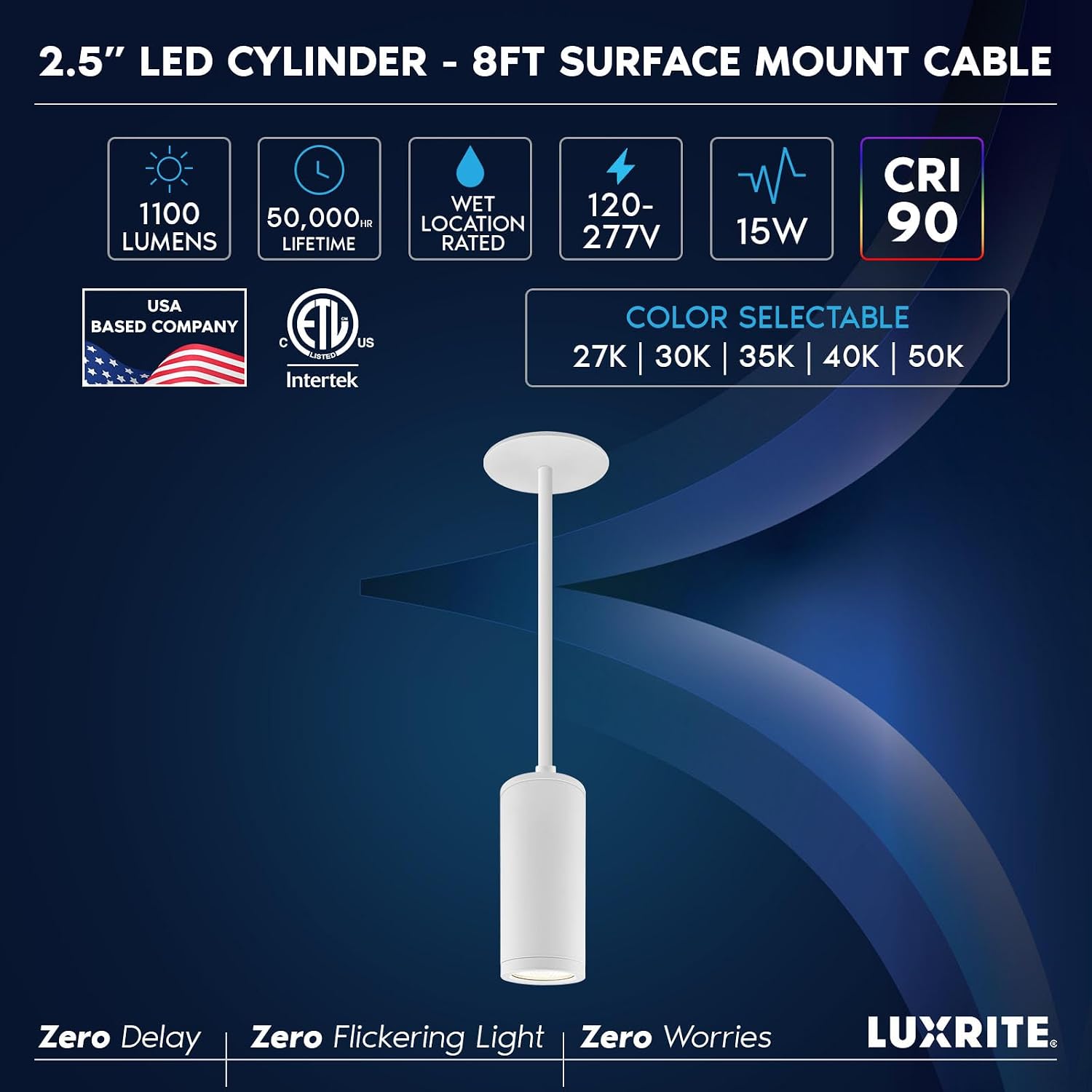 LUXRITE 2.5-Inch LED Cylinder Pendant Light with 8FT Surface Mount Cable, 5CCT 2700K-5000K Selectable, CRI90, 1100LM, 15W, TRIAC/0-10V Dimmable, Universal Voltage 120V-277V, IC Rated ETL, White Finish