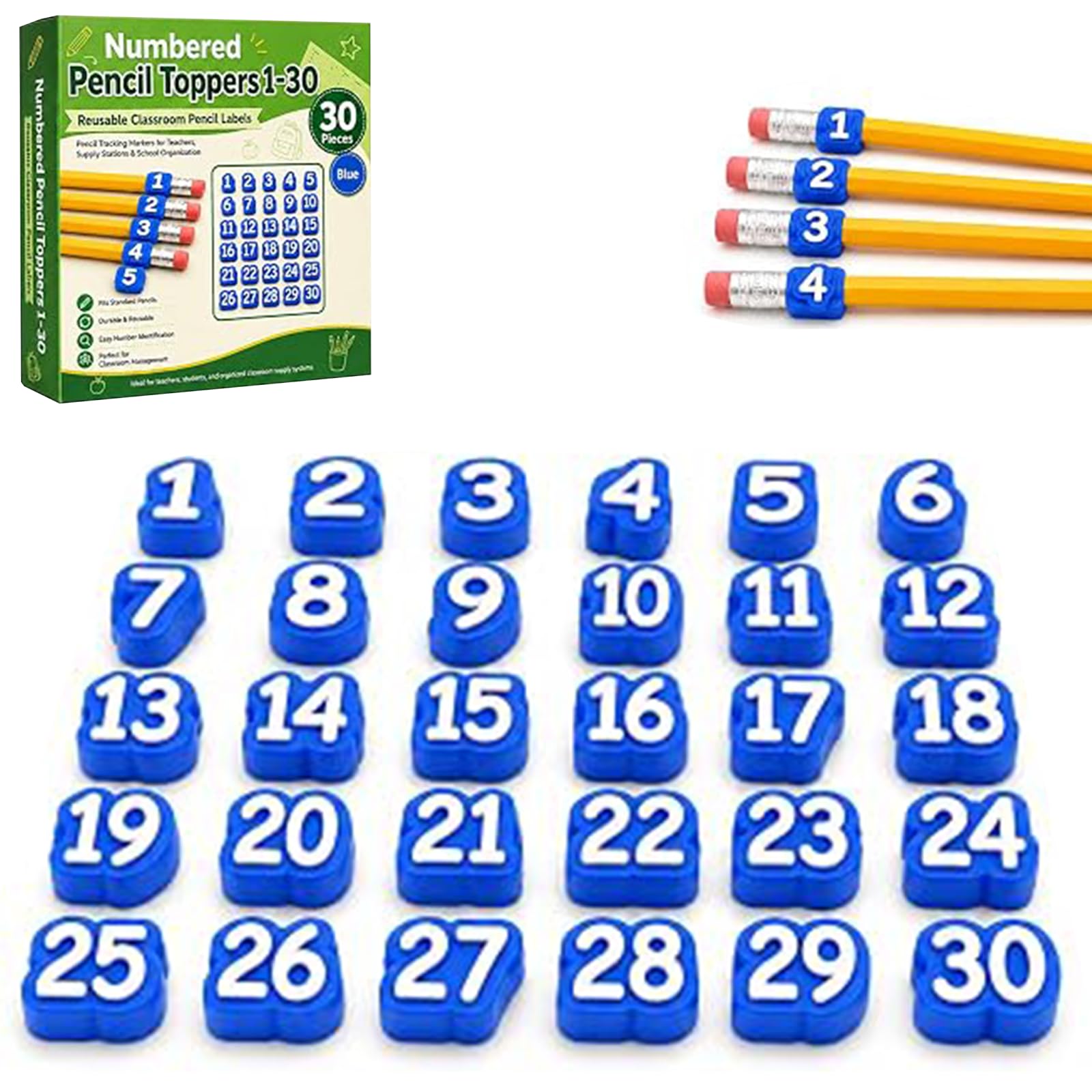 20/30/50 Pcs Numbered Pencil Toppers, Reusable Classroom Pencil Labels for Supply Tracking Station & Organization, Classroom Management Must Haves for Teachers (Blue, Number 1-30) โ image 1