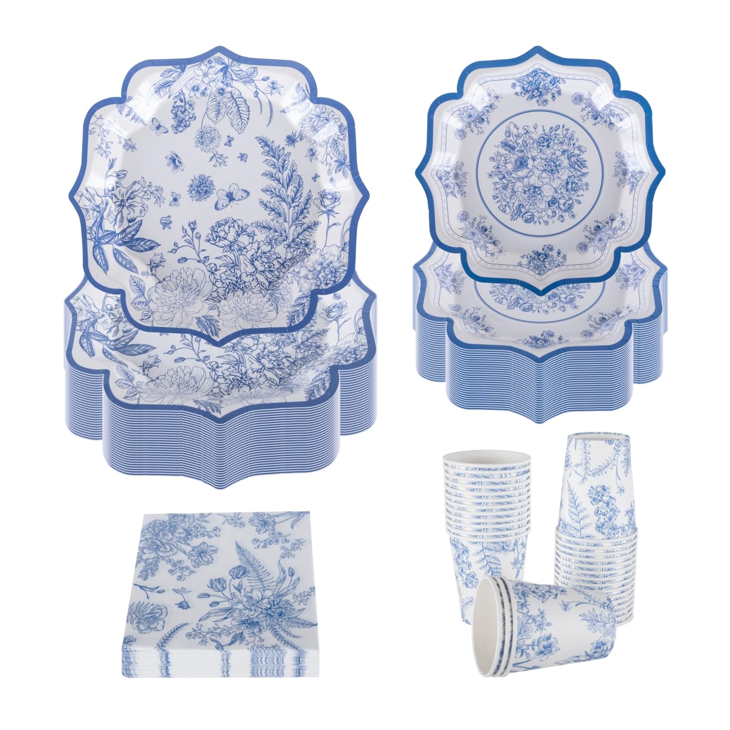 Stoviglie eleganti in cartone blu e bianco per 30 ospiti – Piatti, Asciugamani e Tazze – Tè, Compleanni