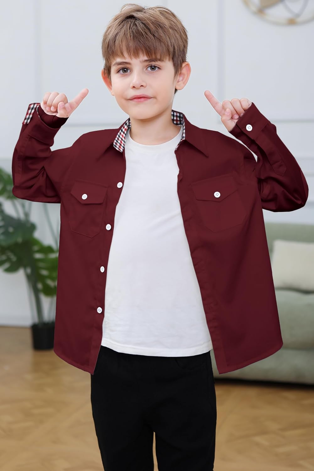 SANGTREE Boys and Mens Western Long Sleeve Shirt Cotton Button Down Shirt | 100% Cotton，Two Pockets Design