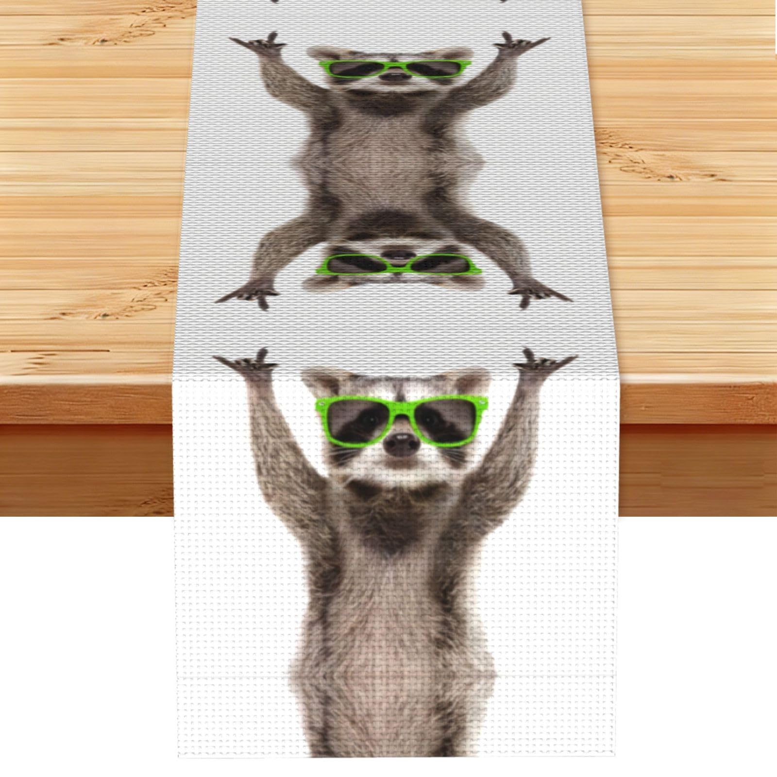 Funny Raccoon Green Sunglasses Linen Feel Table Runner Wedding Party Home Decoration