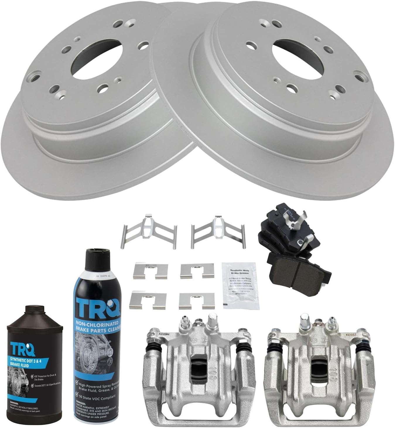 TRQ Rear Brake Pad, Caliper, & Rotor Kit, with Chemical Kit Semi-Metallic Premium G-Coated Compatible with 2010-2012 Acura RDX 2007-2011 Honda CR-V