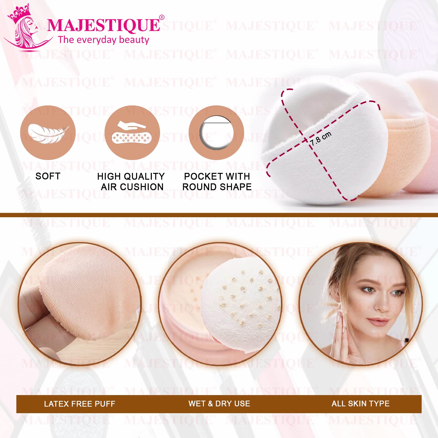 Majestique Cotton Powder Puffs Round, Makeup Puffs Pads, Washable Large Face Body Powder Puffs for Loose Mineral Powder (Champagne-colored)