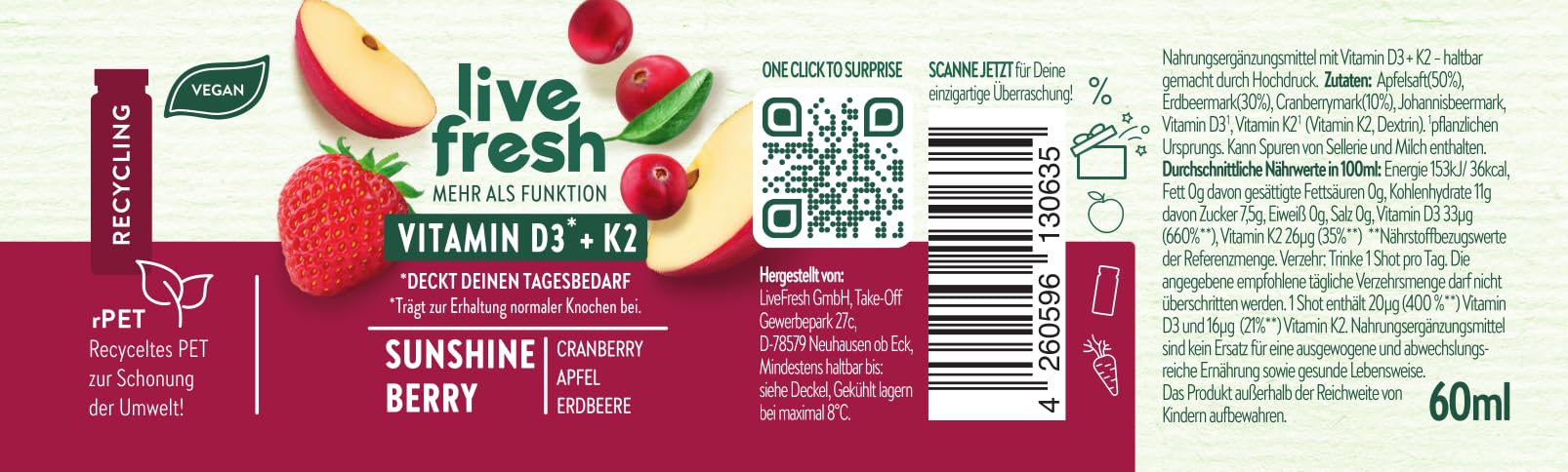 LiveFresh Vitamin D3 K2 Shot - 24x60ml | Kaltgepresste¹ Shots aus Erdbeeren, Cranberry und Johannisbeere ohne Zuckerzusatz | In Deutschland hergestellt | Kühl geliefert | Sunshine Berry
