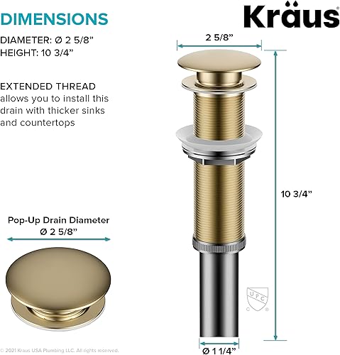 Miniatura 60 de KRAUS Desagüe emergente para lavabo de baño con rosca extendida para encimeras más gruesas y fregaderos de vidrio en acero inoxidable sin manchas