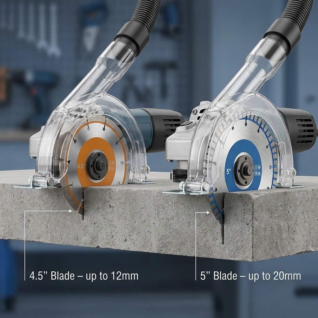 QWORK Angle Grinder Dust Shroud 4-5 Inch, Adjustable Cutting Depth Clear Cover for Concrete, Tile & Wall Work