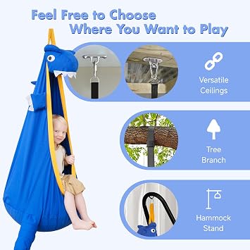 Kids Pod Swing Seat, Dinosaur Shape Canvas Swing Chair, Child Sensory Swing Hammock with Hanging Kits for Indoor/Outdoor Use (Deep Blue)