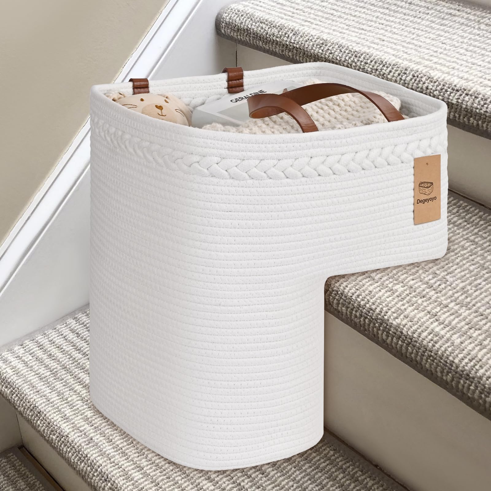 Woven Stair Basket, Stair Baskets for Wooden Stairs, Carpeted Stairs Storage Basket with Handles, Staircase Baskets for Toys, Books, White, 15” L x 10” W x 15” H
