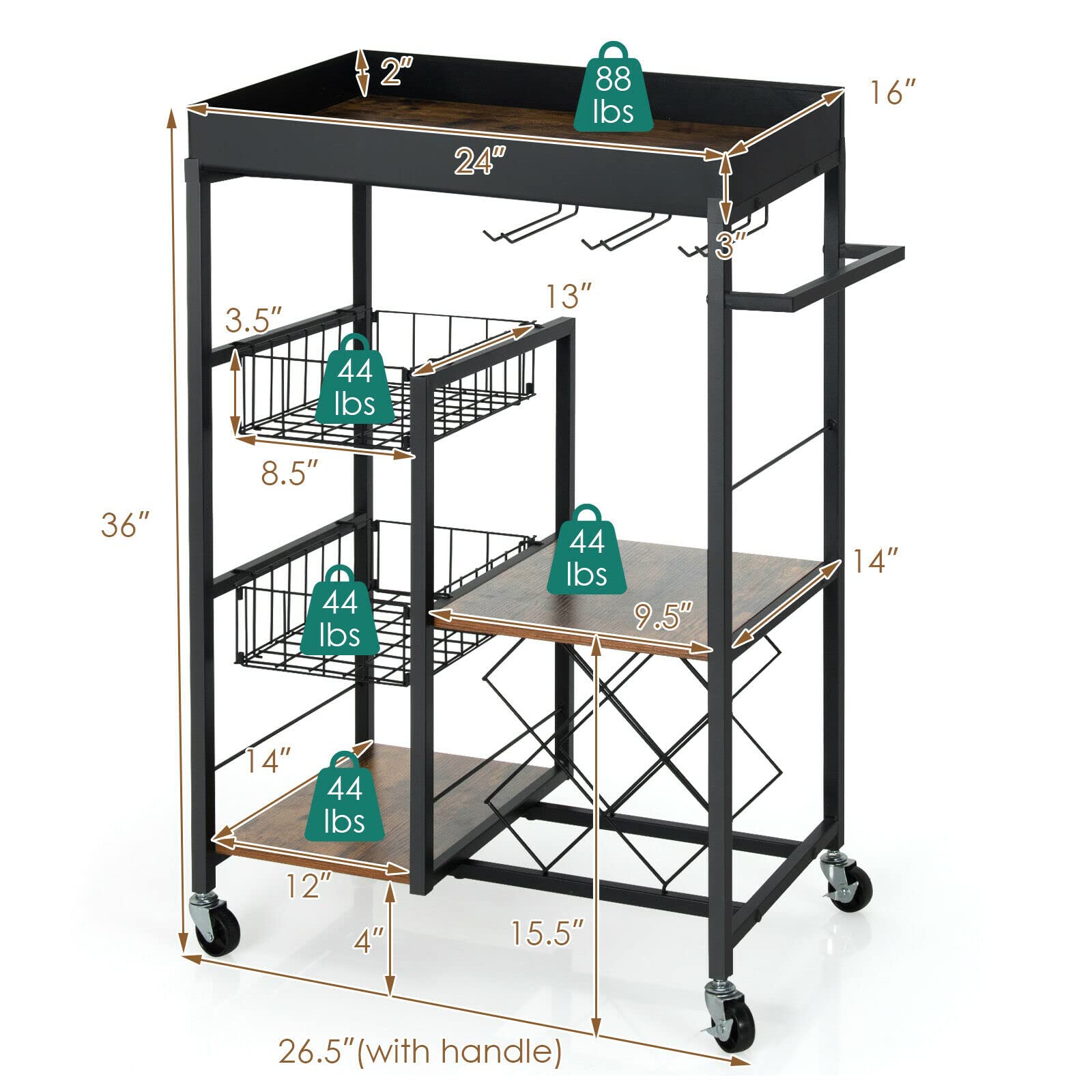 Cocina Carrello da bar cucina a 4 livelli portata con rotelle Portabottiglie Cestino vassoio rimovibile Estante de almacenamiento