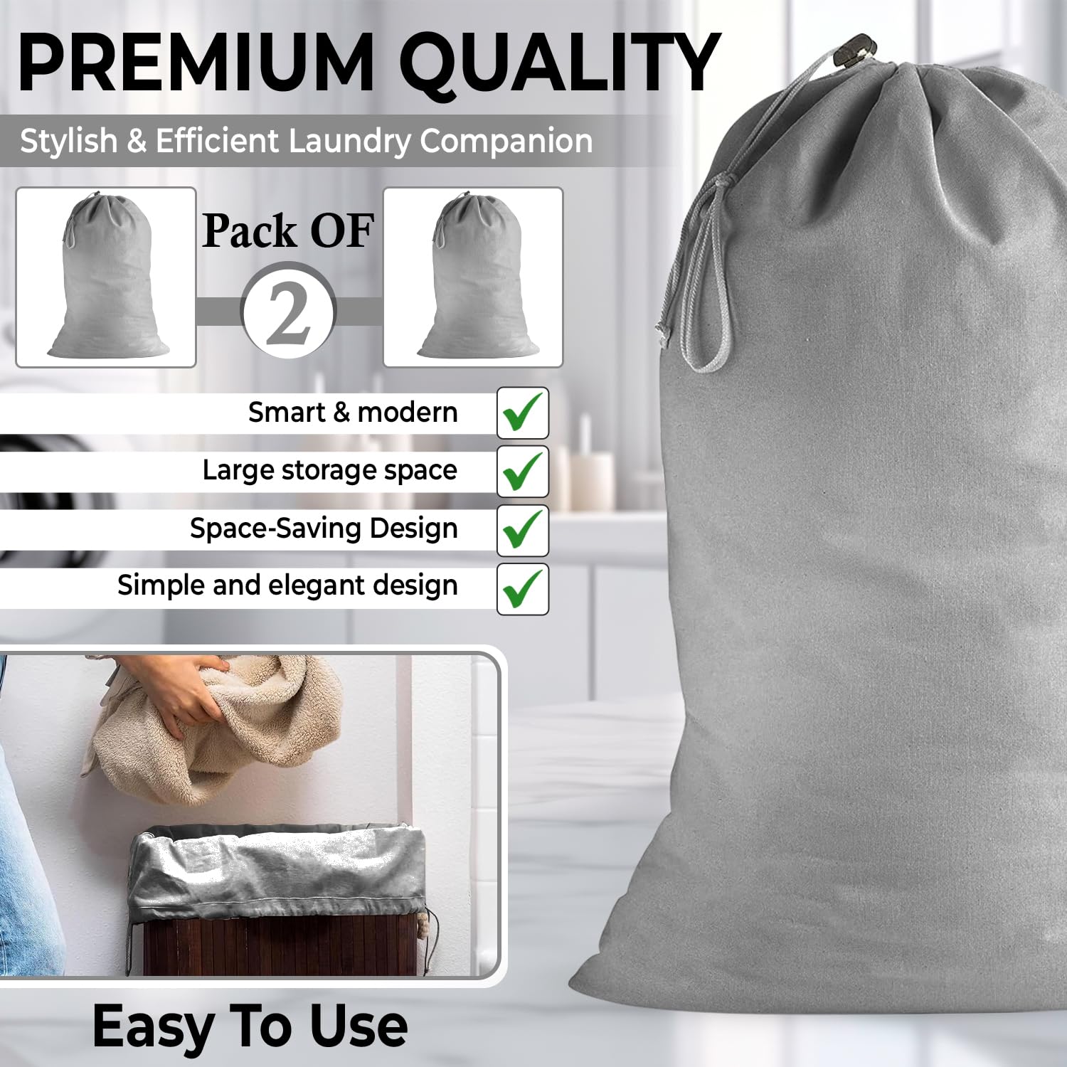 Extra großer Wäschesack aus Baumwolle, strapazierfähig, groß, 61 x 91,4 cm, XL-Kordelzug, Reise-Organizer-Tasche, passend für Korb, Camping, Hellgrau, 2 Stück