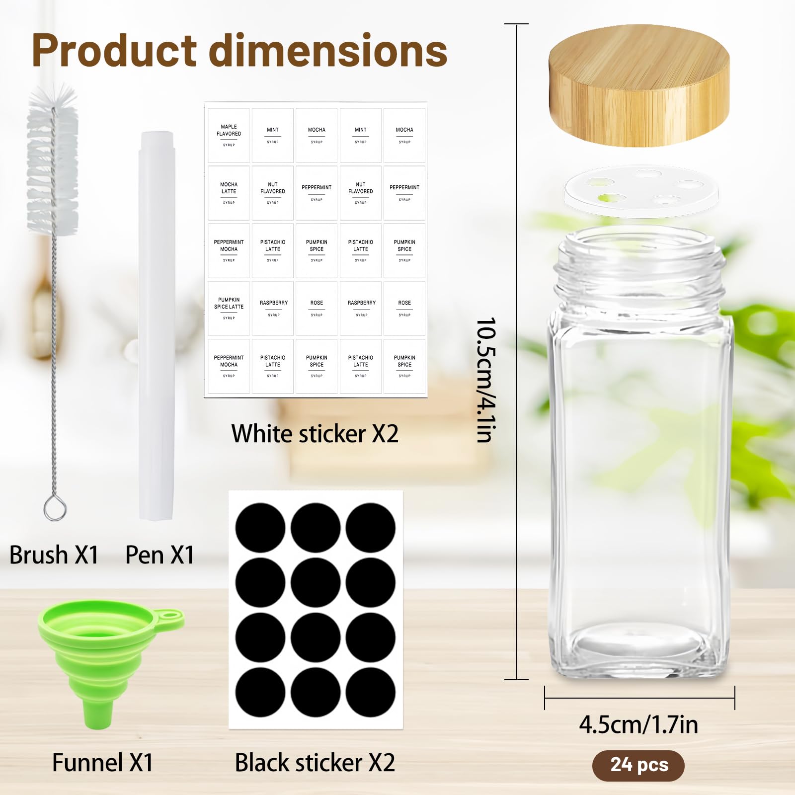 Eidoct Lot de 24 pots à épices en verre avec couvercle en bois - 120 ml - Avec couvercles et étiquettes - Convient pour les restaurants et la maison - Chaque lot comprend un pinceau, un marqueur pour