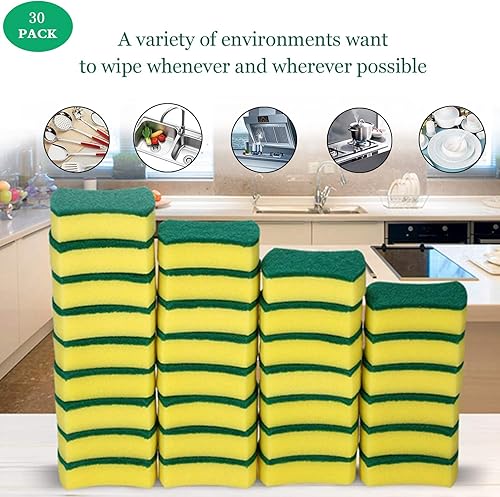 Miniatura 6 de Paquete de 30 esponjas de limpieza de cocina, esponja facial doble, esponja ecológica antiarañazos, esponja de limpieza multiusos súper absorbente,