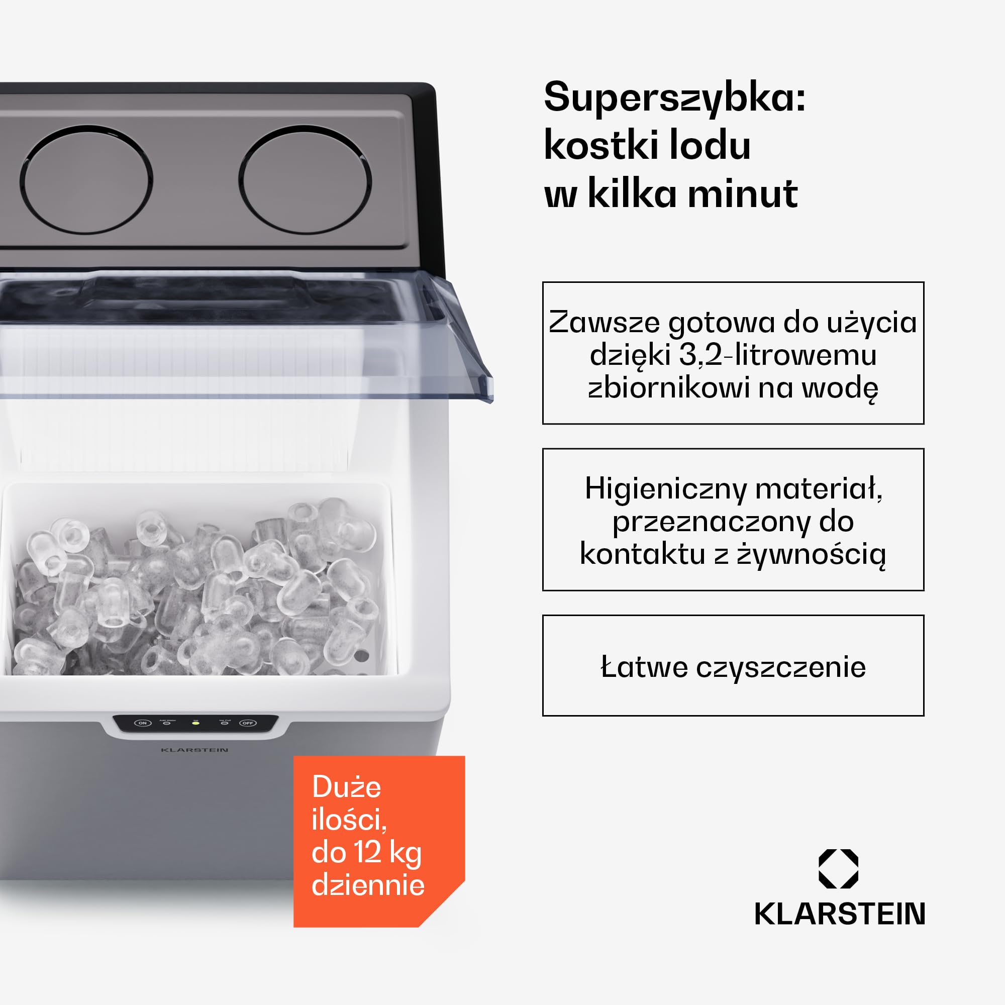 Klarstein Kostkarka do lodu do domu, na kemping i gastronomii, Szybka mini kostkarka, Profesjonalna wytwornica na duże i małe kostki, Samoczyszcząca, Zbiornik 2,3L, 18kg lodu w 24h