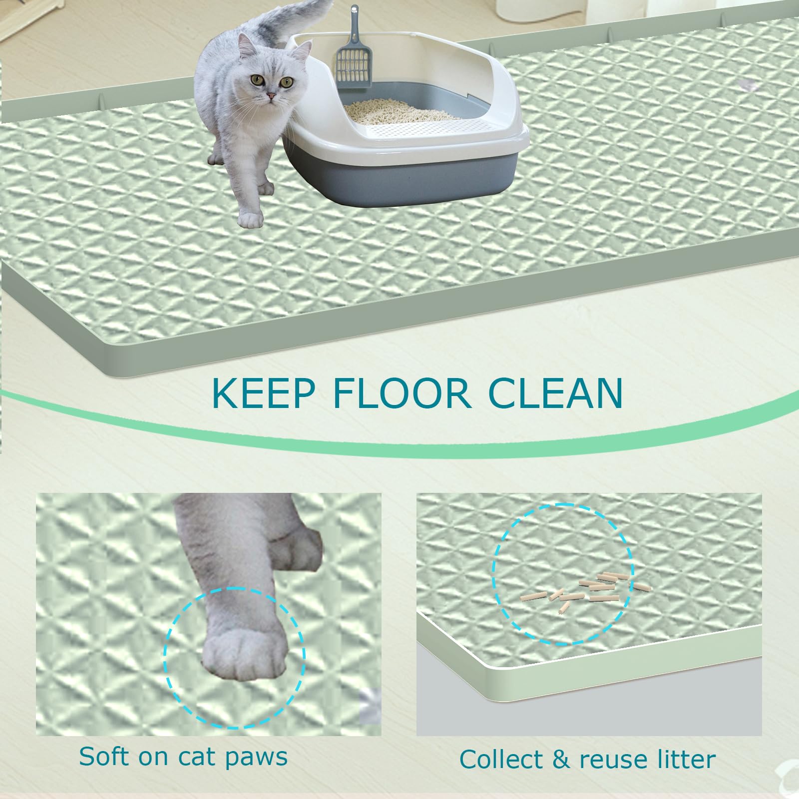 Katzenklo Matte für Katzentoilette, Silikon Große Katzenstreu Fangmatte - 130 x 65 cm, wasserdicht & rutschfest, langlebig & leicht zu reinigen, Grün