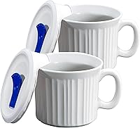 CorningWare French White 20oz Ceramic Meal Mugs, 2-Pack with BPA-Free Vented Lids - Stoneware, Microwave & Oven Safe