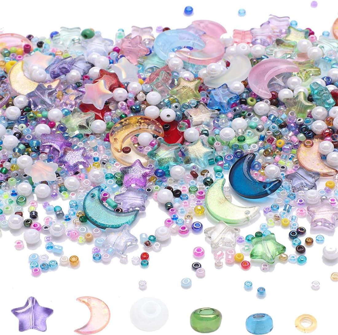 1Pack Mixed Color Star Beads Combination Set, Mini Crystal Glass Spacer Beads,Round/Star/Moon Shape Charm Loose Beads, for Making Bracelet Necklace Earring Jewelry DIY Crafts Accessories