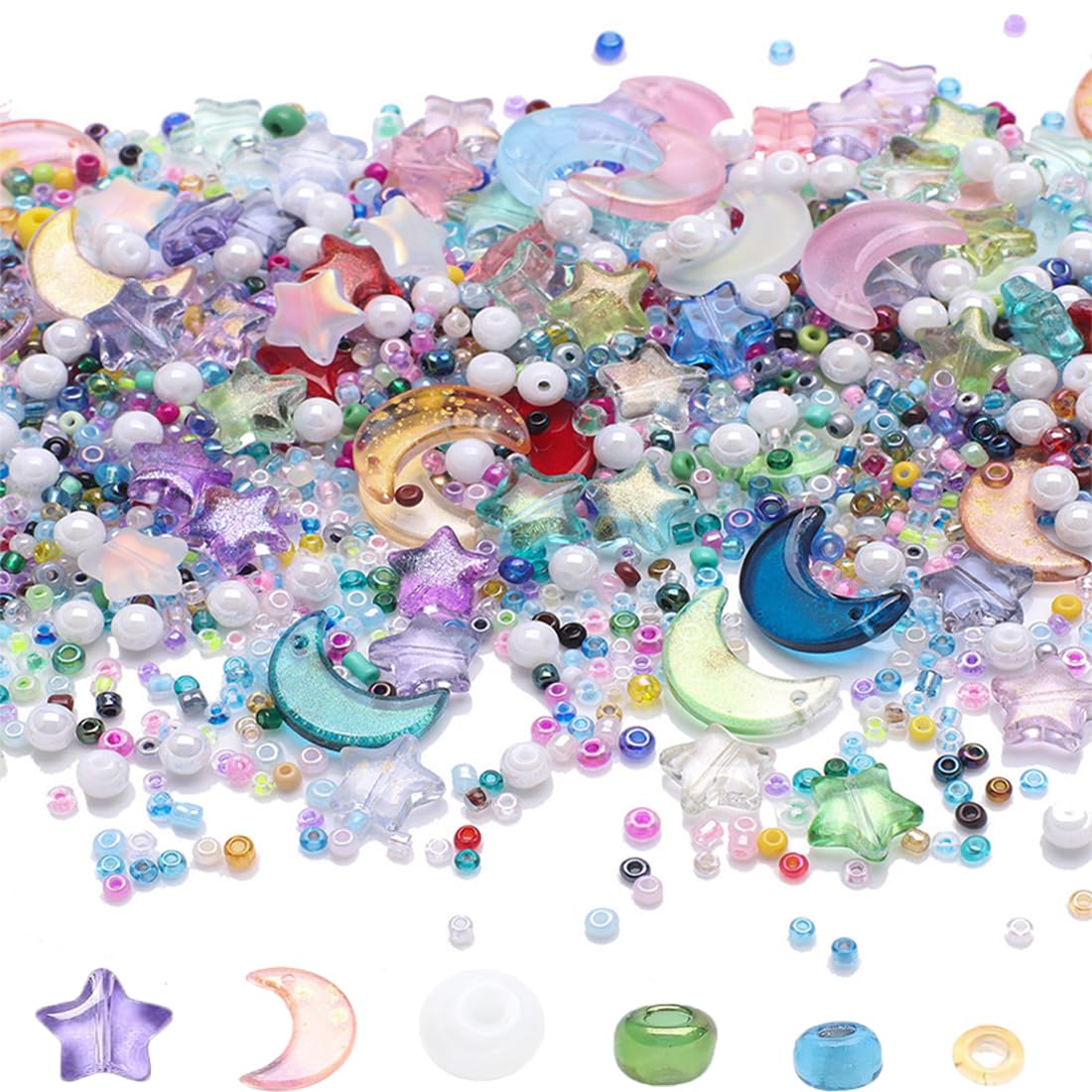 SUKPSY 1Pack Mixed Color Star Beads Combination Set, Mini Crystal Glass Spacer Beads,Round/Star/Moon Shape Charm Loose Beads, for Making Bracelet Necklace Earring Jewelry DIY Crafts Accessories