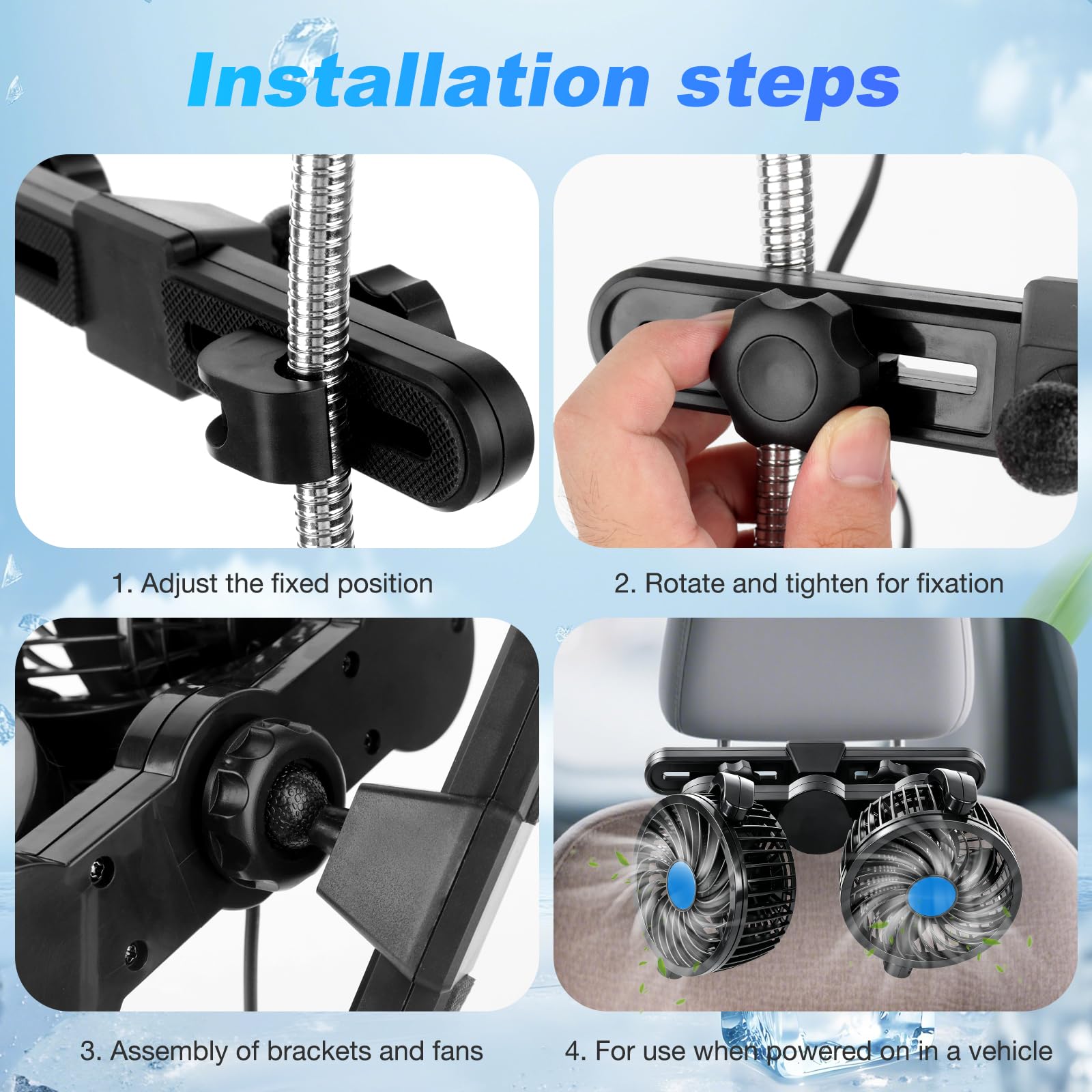 Mineup wentylator samochodowy na tylne siedzenia, 12V podwójny wentylator samochodowy do chłodzenia, podwójny wentylator samochodowy z 3 prędkościami, wentylator do samochodu, 360° obrotowy cichy