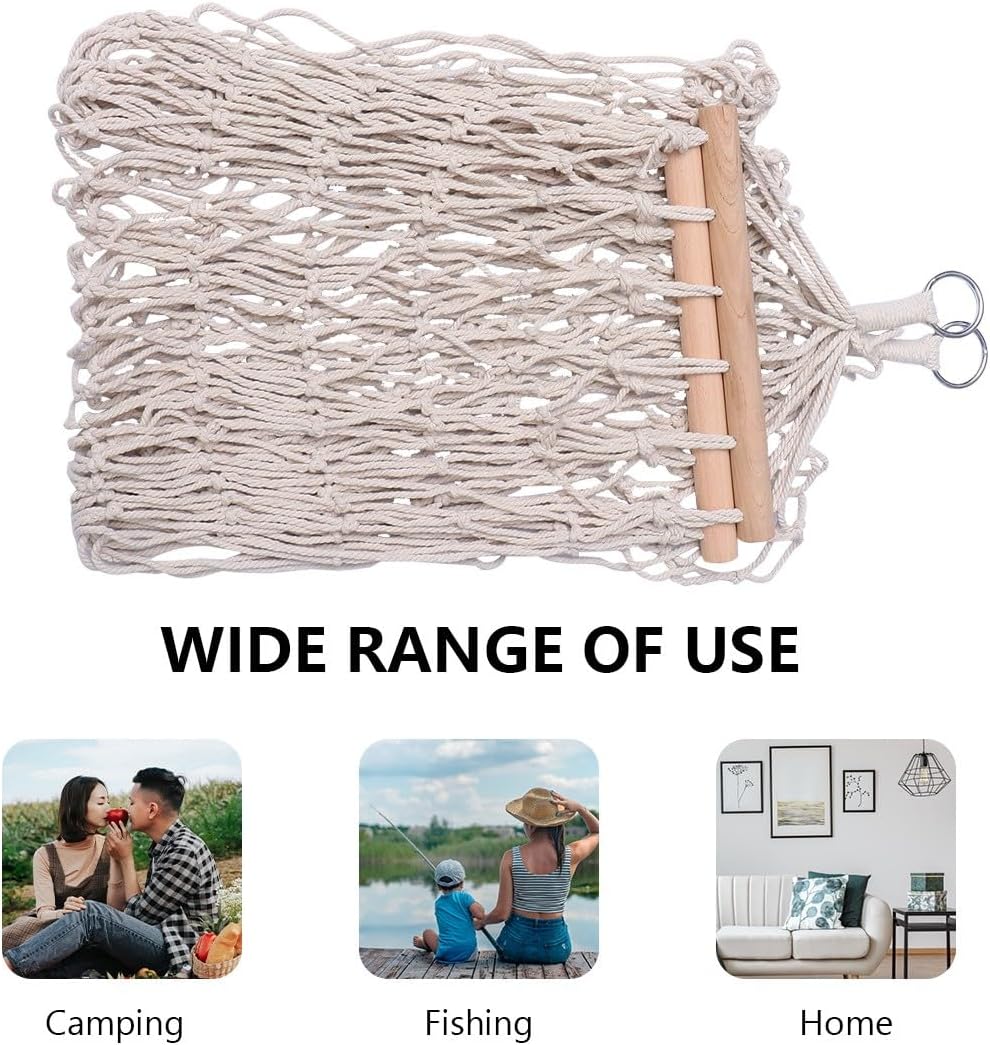 minkissy Single Rope Hammock with Wood Stick, Cotton Mesh Outdoor Swing Chair, Portable Hanging Sleeping Bed for Camping and Indoor Leisure, Includes Heavy-Duty Rope and Carry Bag