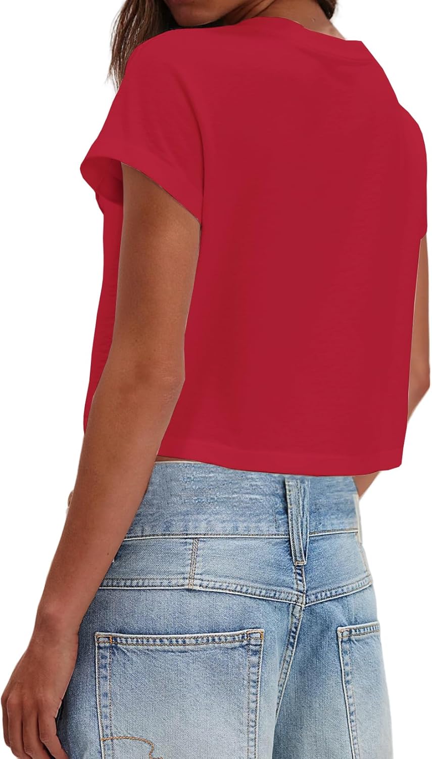 Womens Short Sleeve Crop Tops Round Neck T Shirts Casual Crop Tee Top - Image 3