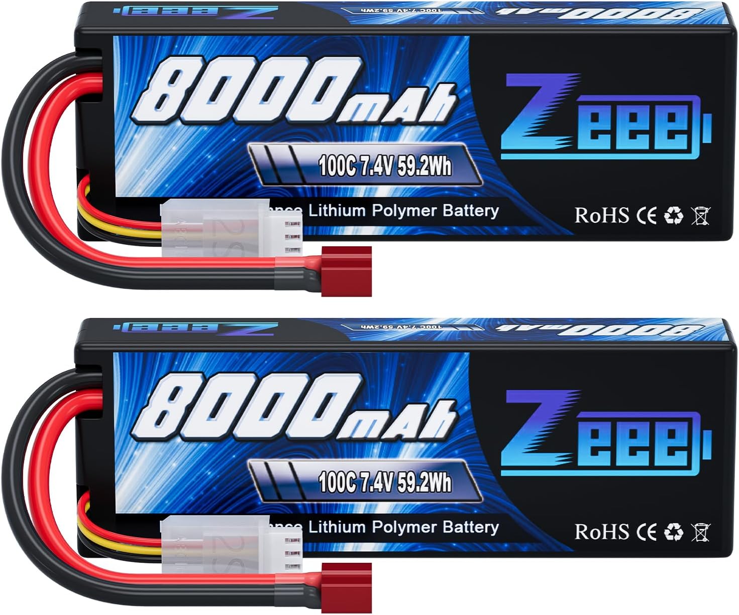 Zeee 2S Lipo Battery 8000mAh 7.4V 100C Hard Case with T Plug for RC Car Truck Truggy Boat Helicopter(2 Pack)