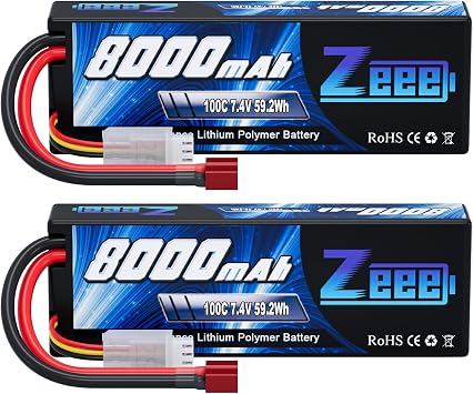 Zeee 2S Lipo Battery 8000mAh 7.4V 100C Hard Case with T Plug for RC Car Truck Truggy Boat Helicopter2 Pack