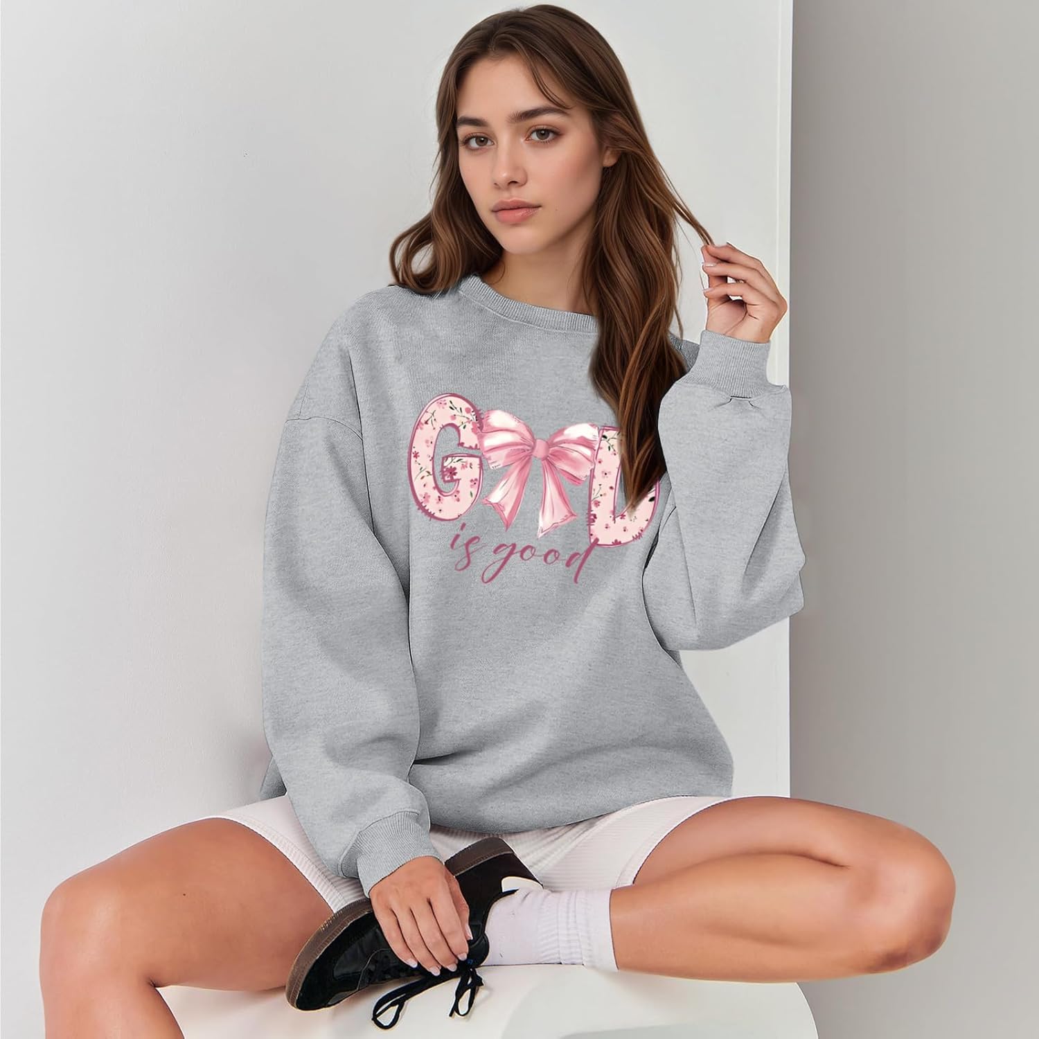 KEEVICI God Is Good Christian Sweatshirts for Women Bow Jesus Cute Bible Verse Sweatshirt Faith Religious Graphic Hoodies