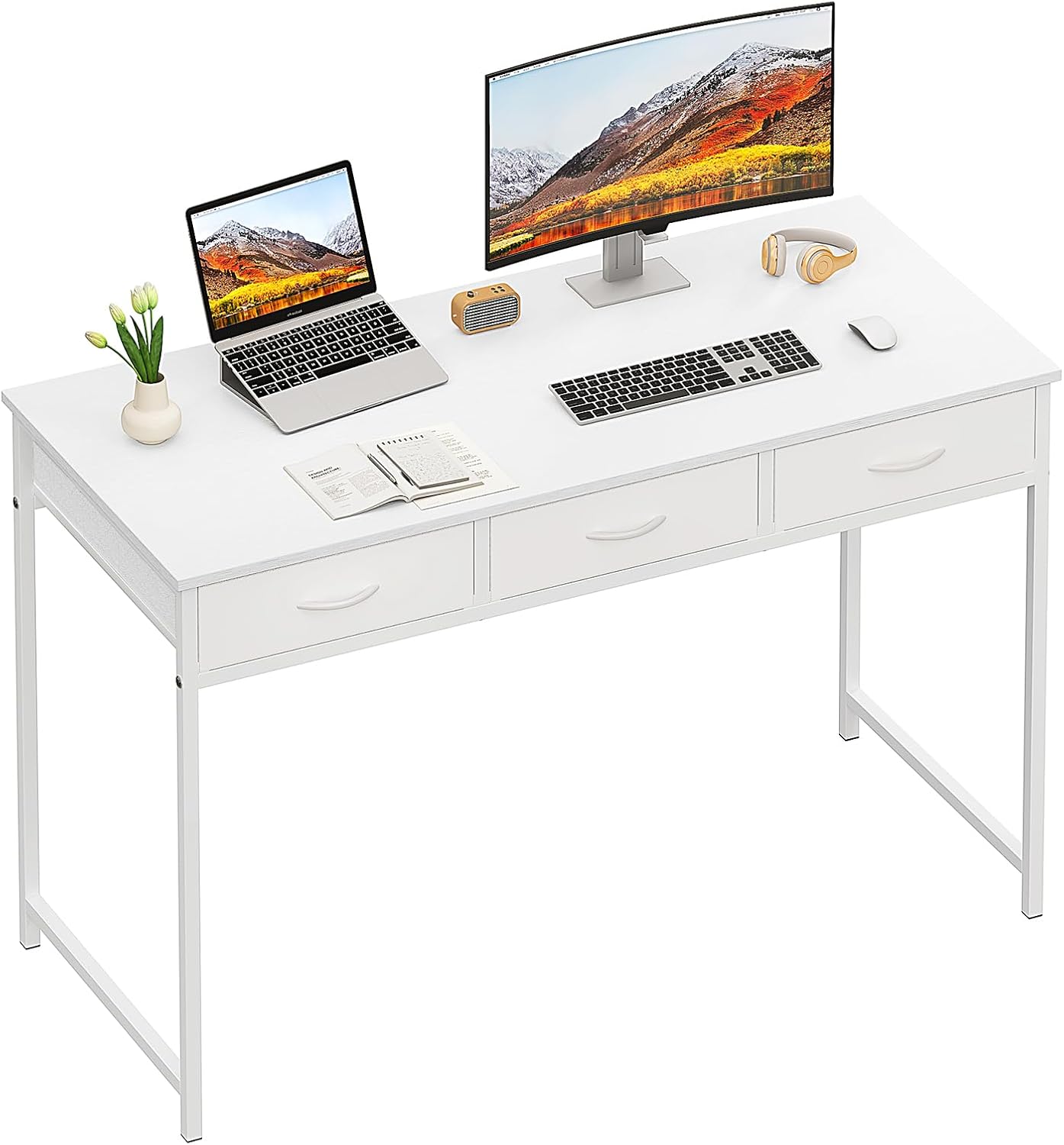 WOHOMO Computer Desk with 3 Drawers, 47.2 Inch Small Vanity Desk with Storage, Home Office Bedroom Desk for Small Spaces, Modern Work Writing Study Gaming Tables, White