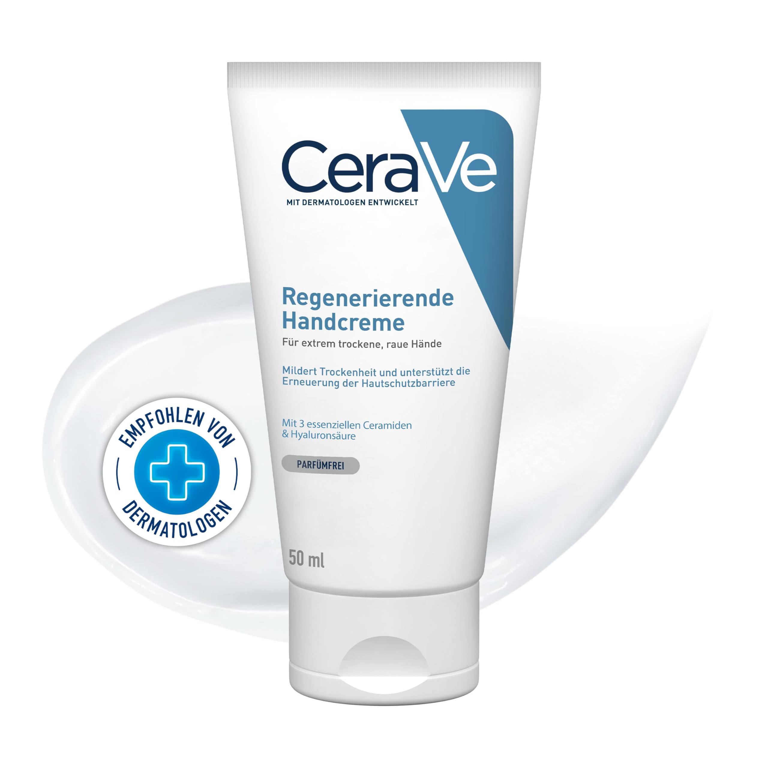 CeraVe Regenerierende Handcreme, Sanfte Creme bei empfindlicher Haut, Ohne Duftstoffe, Bei Neurodermitis oder Allergien, Mit Hyaluronsäure und essenziellen Ceramiden, 50 ml
