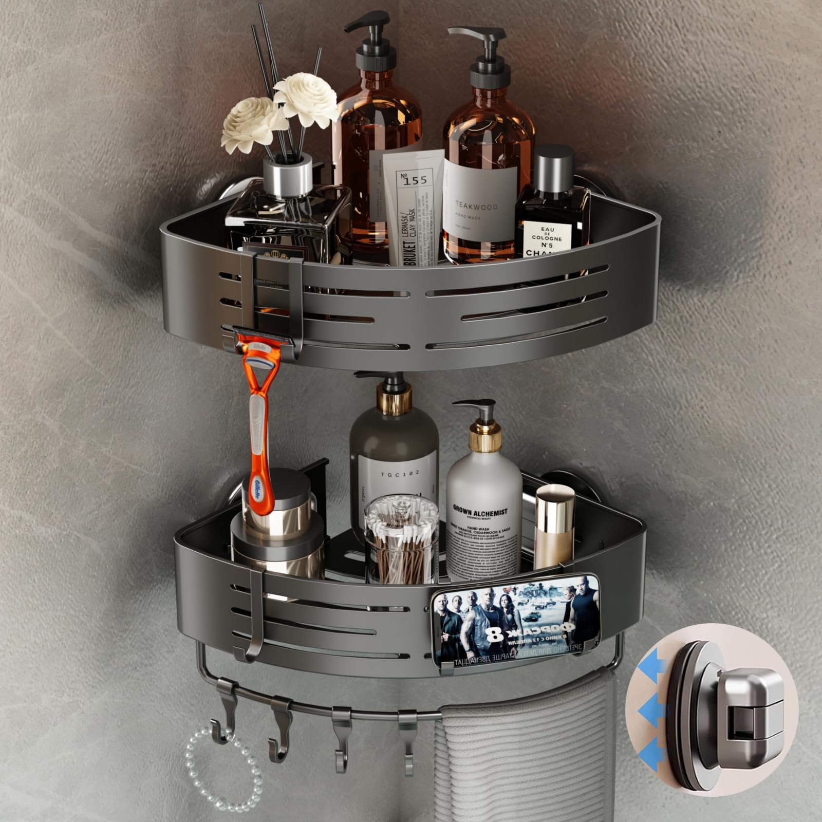 Voldra Corner Shower Caddy Suction Cup 2 Pack Corner Shower Shelves No Drilling Aluminum Upgrade Suction Cup Shower