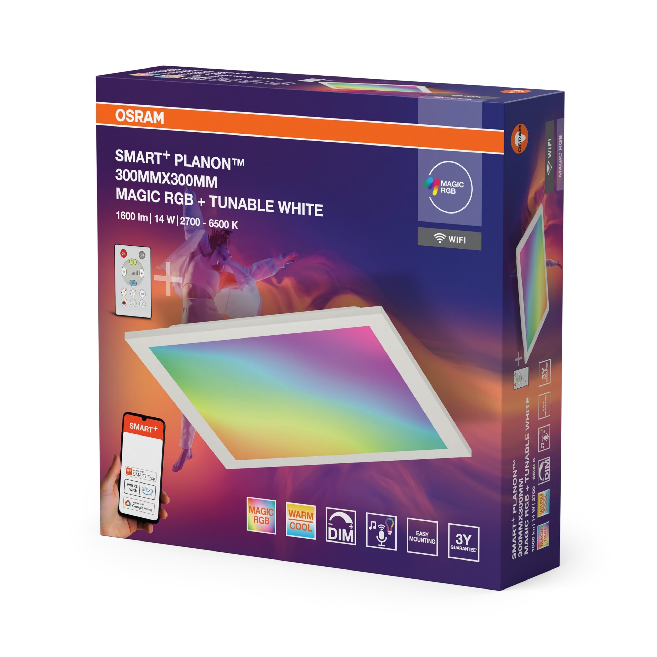 OSRAM SMART + WIFI PLANON MAGIC Oświetlenie panelowe LED, białe, 18 W, 1600 lm, funkcja światła białego, możliwość przyciemniania, dynamiczny efekt świetlny Magic-RGB, długa żywotność, sterowanie za