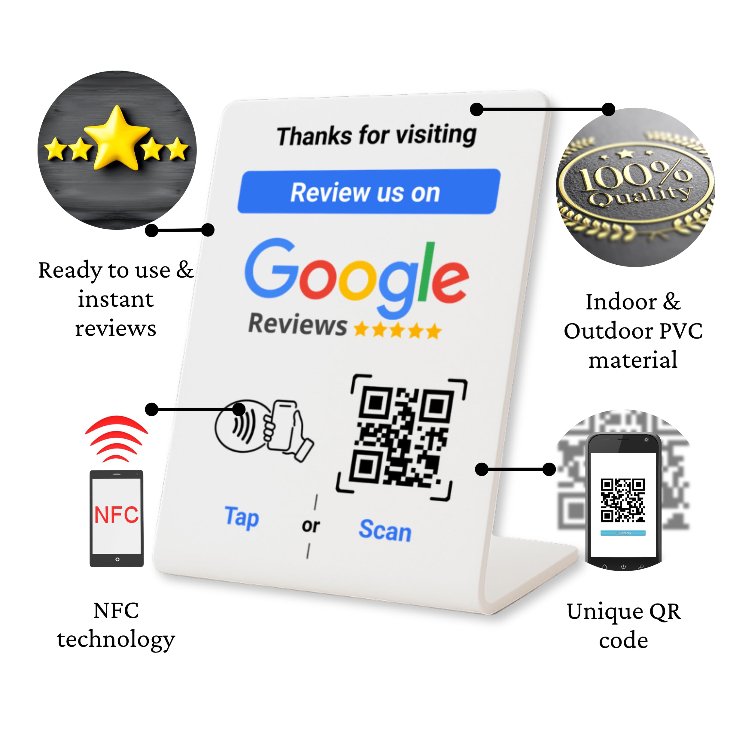 NFC Tap Google Review Stand - Boost Customer Feedback with Tap & Scan QR - No App, No Subscription - Works on iPhone & Android (Size 4.13"x2.75", 1 Pack)