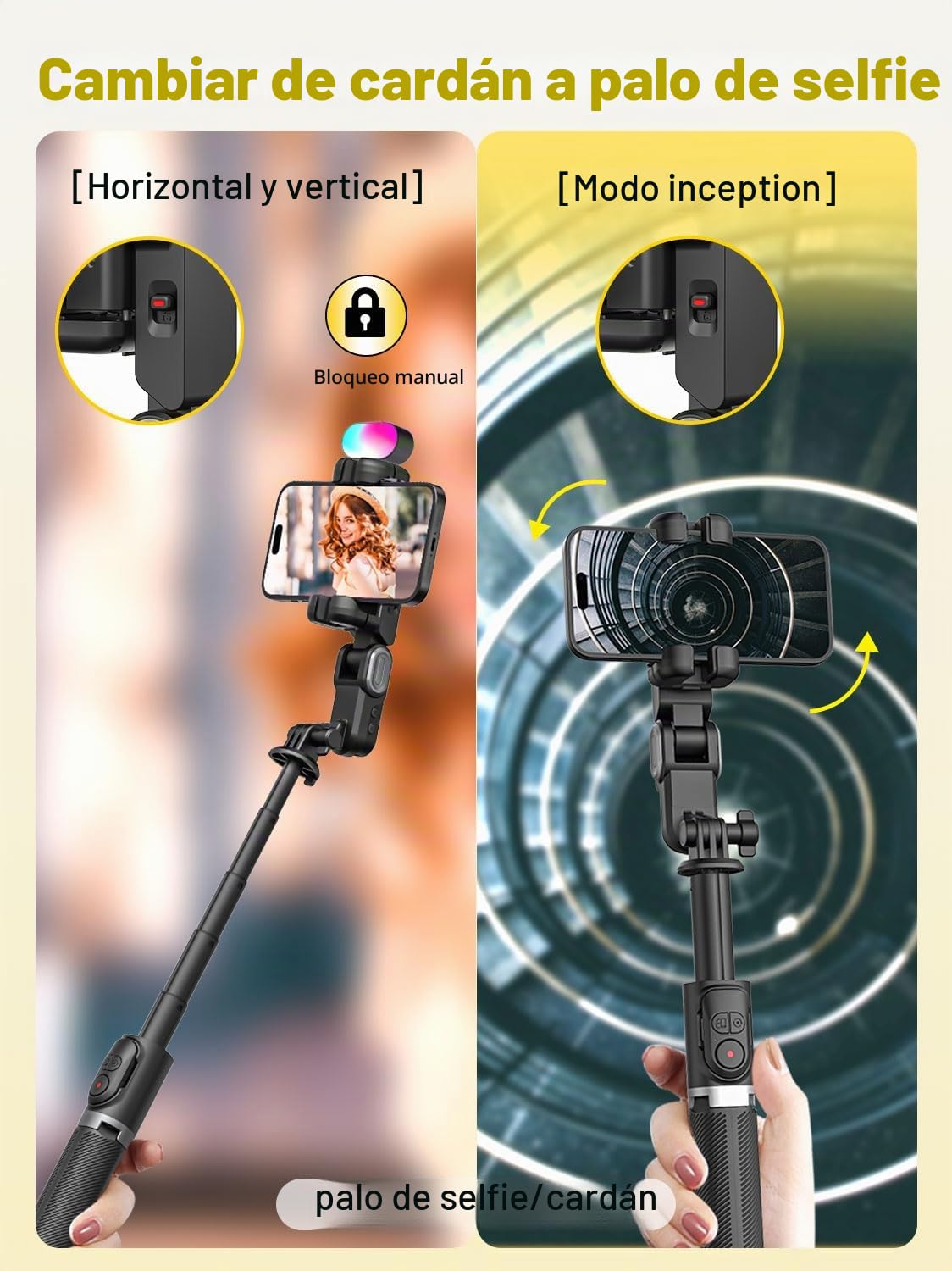 AOCHUAN Estabilizador de cardán para Smartphone, estabilizador de 1 Eje sin Seguimiento Facial Mediante App, trípode de Mano 4 en 1, cardán para iPhone Poste de extensión de 108 cm - M2 Pro Negro