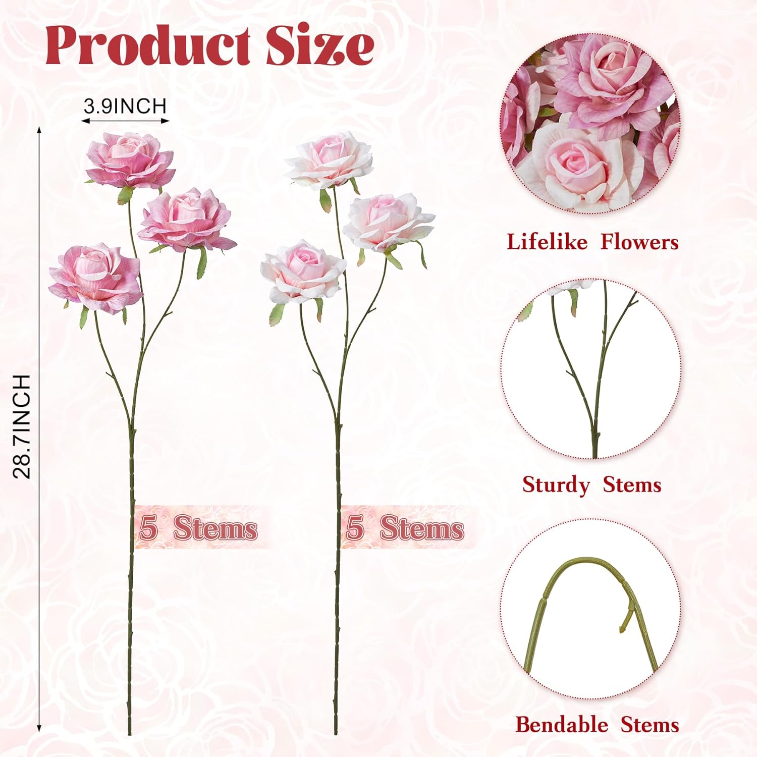 10 Pcs Artificial Flowers Fake Roses, 28" Long Stem Silk Roses for Wedding Centerpieces Home Party Valentine's Day Decor, Realistic Faux Bouquet for Tall Vase Indoor(Pink) - Image 2