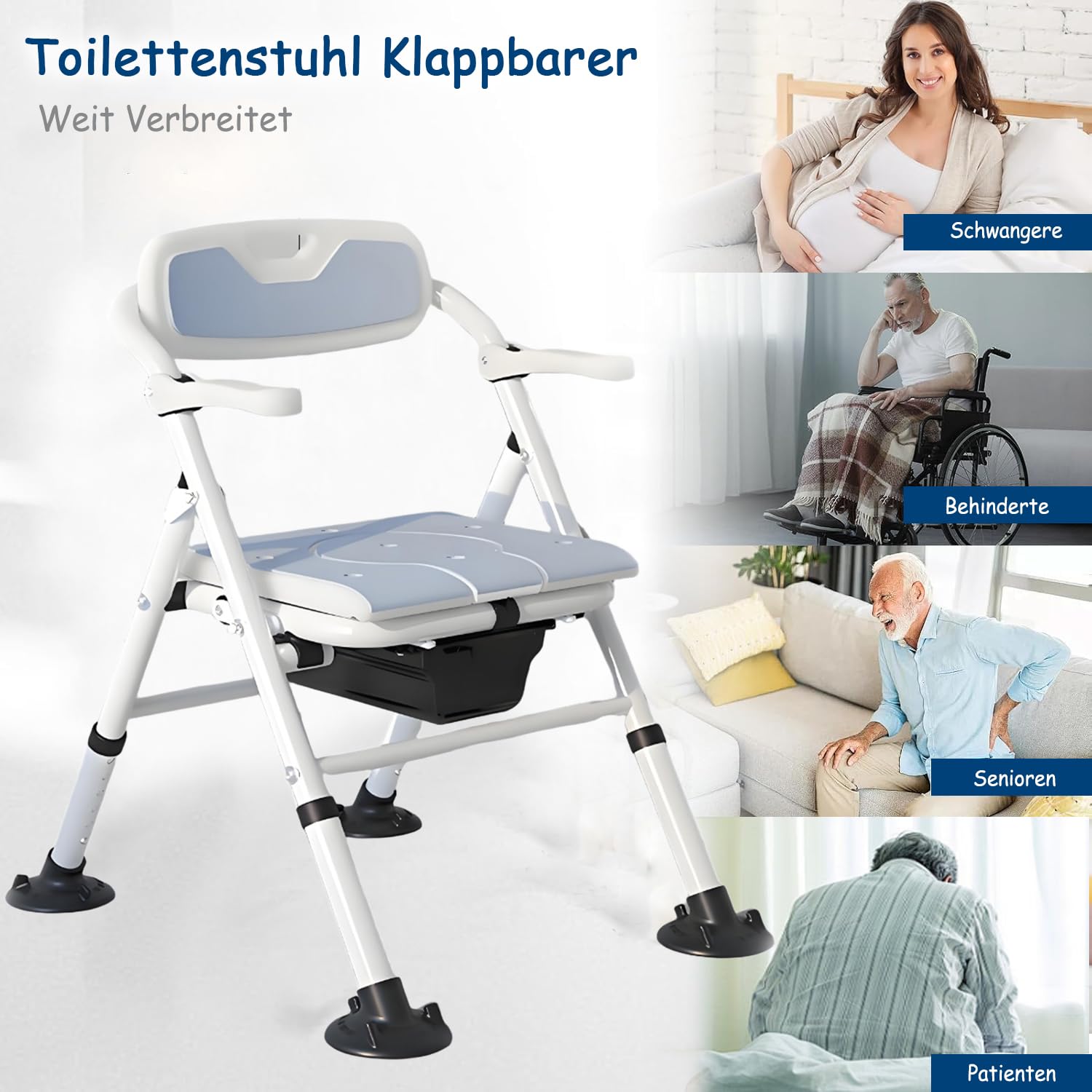 Toilettenstuhl für Senioren Höhenverstellbar, WC Stuhl Klappbar aus Aluminium, Duschstuhl Klappbar, Faltbar Nachtstuhl mit Armlehne und Rückenlehne, Badezimmerstuhl bis 150 Kg